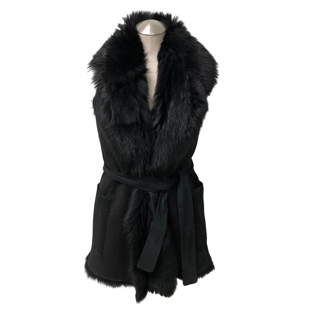 Vince Shearling Vest Womens XS Black Toscana Lamb Leather Belted Dark Romance
